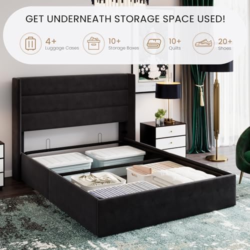 SHA CERLIN Queen Size Lift Up Hydraulic Storage Bed Frame Black