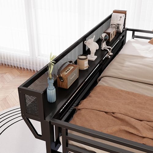 KEIKI Queen Size Metal Loft Bed Frame with Grid & Staircase & Built-in Storage Shelves & Wardrobe, Loft Bed with Solid Slats & Guardrail, No Box Spring Required, Easy Assembly, for Bedroom, Black