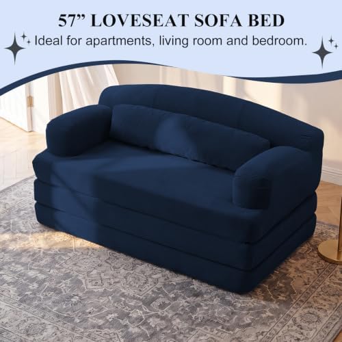 57” Convertible Sleeper Sofa Bed, Boneless Couch, Blue