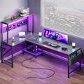 PRAISUN L Shaped Gaming Desk with LED Lights & Power Outlets