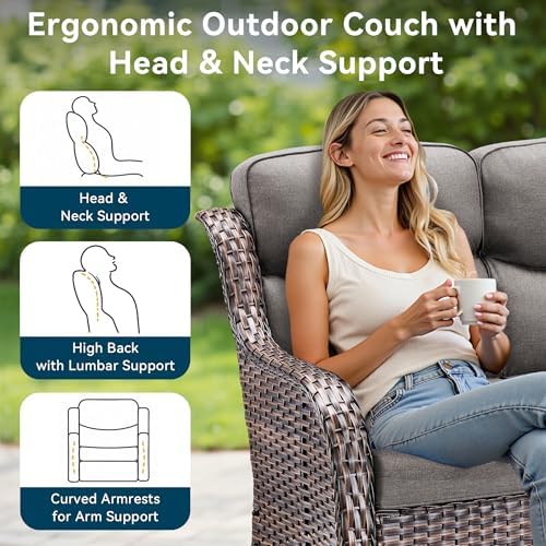 Luxury Outdoor Patio Furniture Set-Wicker High Backrest 3-Seat Patio Sofa with Comfy 6" Cushion, Rattan Couch with Deep Seat All-Weather Patio Conversation Set for Deck Backyard Garden(Brown/Grey)