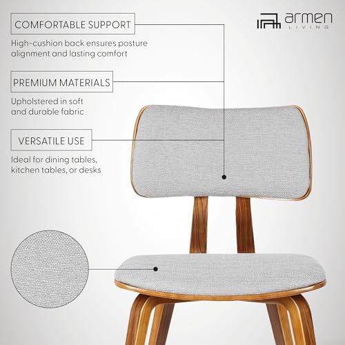 Armen Living Jaguar Mid Century Modern Dining Accent Chair for Kitchen Table Desk Vanity in Grey Fabric and Walnut Wood Finish
