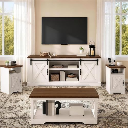 WERSMT Farmhouse 4-Piece Living Room Table Set with 66" TV Stand, White