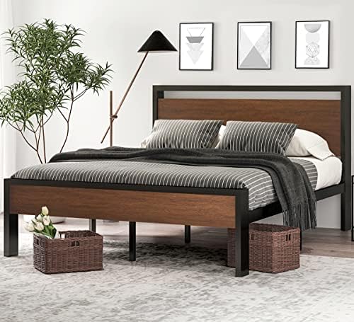 SHA CERLIN 14 Inch Full Size Metal Platform Bed Frame with Wooden Headboard and Footboard, Mattress Foundation, No Box Spring Needed, Large Under Bed Storage, Non-Slip Without Noise, Walnut