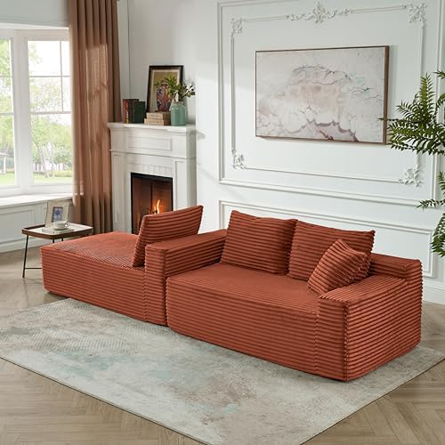 95" L-Shaped Left Facing Cloud Sectional Couch for Living Room, Modular Compressed Boneless Sectional Sofa Corduroy Boneless Corner Foam Sofa W/Chaise Lounge and Pillows