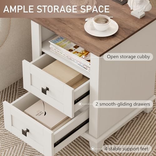 LUXOAK Farmhouse Table Set of 3, Coffee Table with Sliding Barn Doors, End Tables Set of 2 with Charging Station for Living Room & Bedroom, Sliding Barn Doors, 2 Tiers Storage Drawer, Antique White
