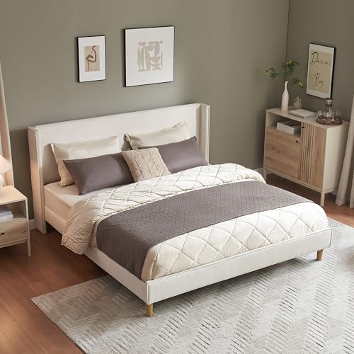 King Corduroy Upholstered Platform Bed with Headboard Wingback, Cream