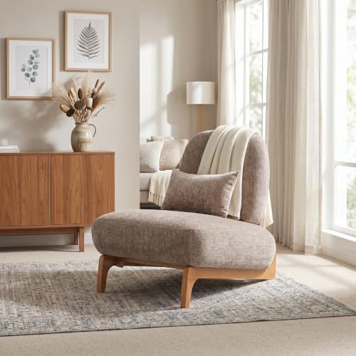 Merax Linen Accent Chair with Curved Wood Base and Lumbar Pillow, Espresso
