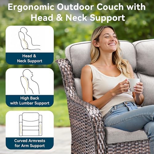 Luxury Outdoor Patio Furniture Set-Wicker High Backrest 3-Seat Patio Sofa with Comfy 6" Cushion, Rattan Couch with Deep Seat All-Weather Patio Conversation Set for Deck Backyard Garden(Brown/Beige)