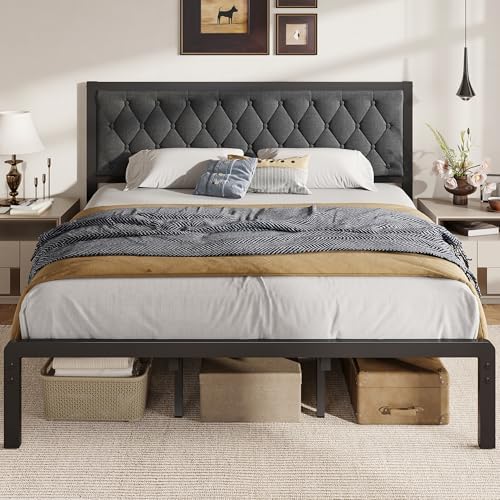 Fluest King Bed Frame with Headboard Linen Upholstered Bed Frame Platform,All Metal Slats Support Platform Bed Frame with Storage Space,Easy Assembly,Noise Free,No Box Spring Needed,Grey