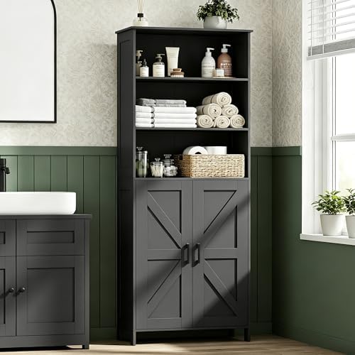 Homhedy 67" Tall Bathroom Storage Cabinet, Bathroom Floor Cabinet | Freestanding Farmhouse Cabinet with Doors and Adjustable Shelf, Linen Cabinet for Bathroom, Living Room, Laundry Room, Black