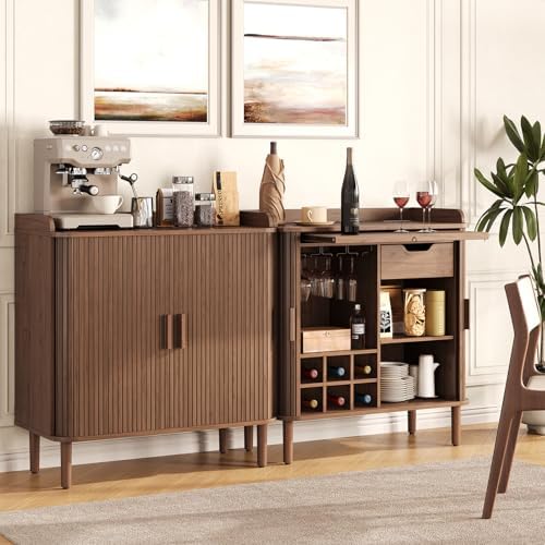 ONBRILL Fluted Bar Cabinet with Storgae, Wine Cabinet, 33" H, Walnut