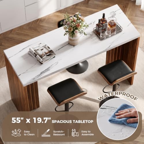 Miereirl 55" Bar Table, Marble Bar Height Table, 36.4" High Pub Table with Thick Tabletop, Narrow Entryway Table Sofa Table, Counter Height Dining Table for Living Room, Kitchen(White and Walnut