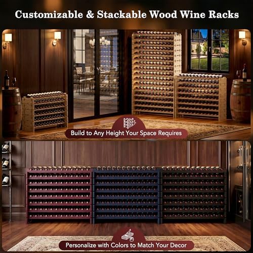 96 Bottles Stackable Modular Wine Rack, 8-Tier Wooden Wine Storage Rack Freestanding Wine Holder Display Shelves, Wobble-Free Shelves, Solid Wood