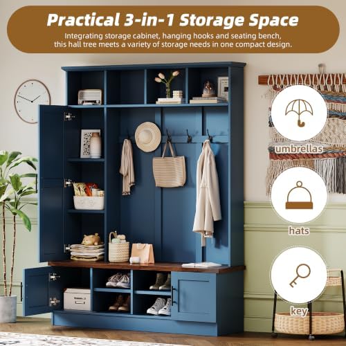 Merax Farmhouse Wood Hall Tree with 6 Hooks and Shoe Storage Bench, Blue