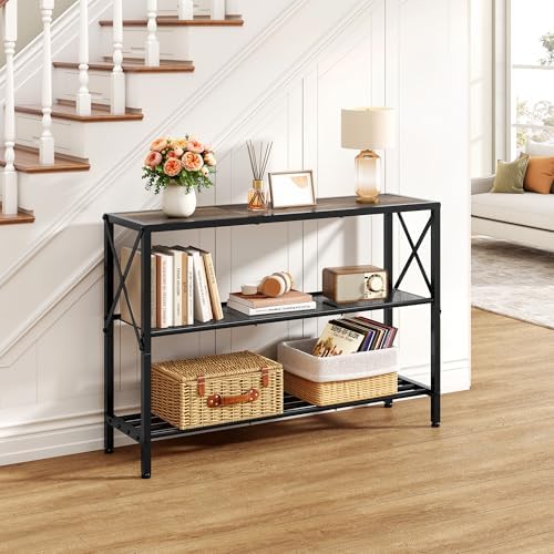 Hoctieon Industrial Console Table, 3 Tier Entryway Table, Hallway Table, Narrow Sofa Table with Shelves, Entrance Table for Entryway, Living Room, Foyer, Hallway, Office, Grey