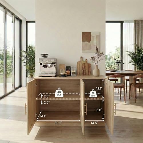 holzart 46.6" Modern 3 Door Storage Cabinet, Light Oak Sideboard Buffet Cabinet with Gold Handles, Large Fluted Wood Accent Credenza for Dining Room, Living Room, Coffee Bar