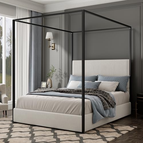 Merax Queen Metal Canopy Bed with Tall Upholstered Headboard, White