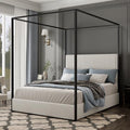 Merax Queen Metal Canopy Bed with Tall Upholstered Headboard, White