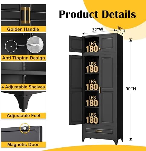 SteeLoong 90" Metal Storage Cabinet with Doors and 3 Adjustable Shelves | Kitchen Pantry Cabinet with 3 Drawers,Black Kitchen Cabinet with 4 Gold Handles,Food Cupboard for Livingroom,Pantry, Bathroom