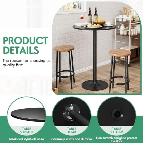Shahoo Round Bar Table, Cocktail Table with Metal Base & MDF Top, Counter Height Pub Table for Dining Room, Living Room, Kitchen, Bar, Pub, Cafe, Black