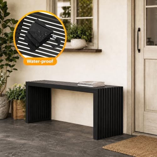 Bamboo Dining Bench, 35'' Slatted Design Entryway Bench, Black