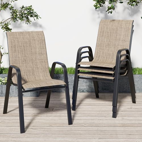 Patio Chairs Set of 4, Stackable Outdoor Dining Chairs for All Weather Textilene Fabric & Metal Frame, Outdoor Chairs Set for Backyard Deck Garden