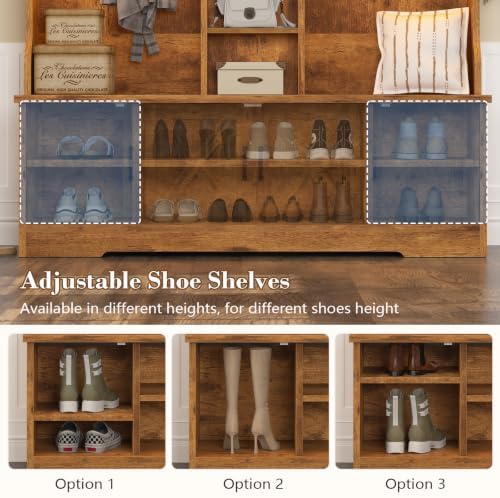 CSZZD Large Hall Tree with Bench and Shoe Storage, Coat Rack with LED Light