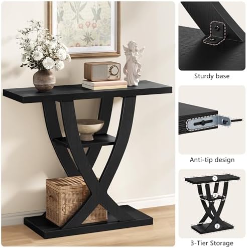 FAVOOSTY Entryway Table, 3 Tier Hallway Table, Console Tables for Living Room, Narrow Entrance Table with Storage, Sofa Table Behind Counch, Accent Table for Entry Foyer, Black