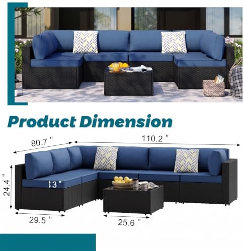 SUNLEI 7pcs Patio Conversation Sets Outdoor Furniture Sets, High Back All-Weather Rattan Sectional Sofa with Tea Table&Washable Couch Cushions(Black Rattan)(Aegean Blue)