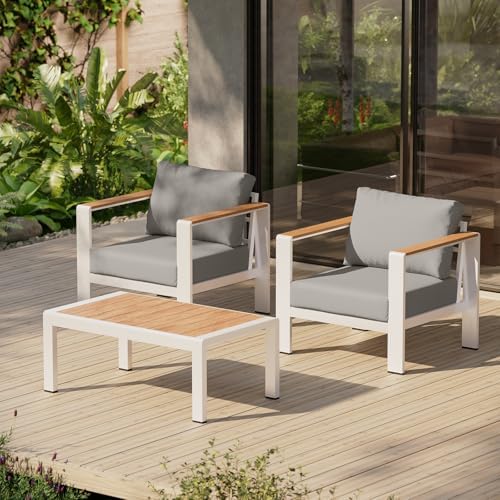 Aluminum Outdoor Sofa Bistro Set, 3 Piece Outdoor Patio Furniture Set with Washable Thick Cushion, Patio Sectional Furniture Set for Porch, Balcony, Deck, Yard, White