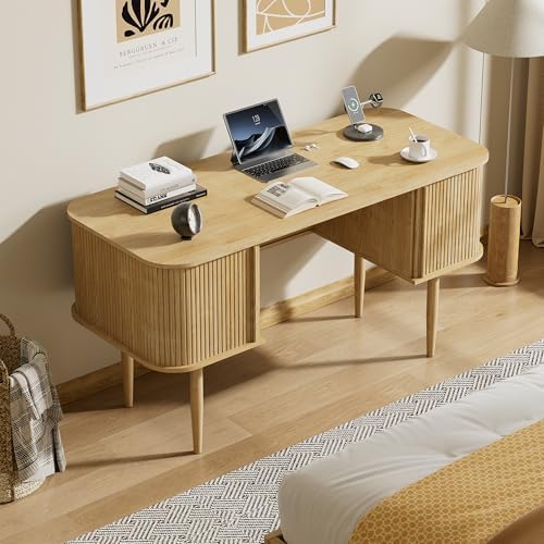 Furniway 55" Modern Writing Desk, Wood Home Office Desk, Natural
