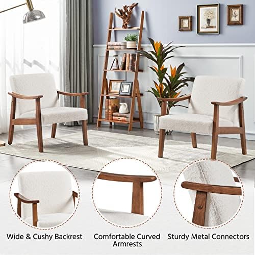 Yaheetech Accent Chairs Set of 2, Mid-Century Boucle Fabric Armchair, Ivory