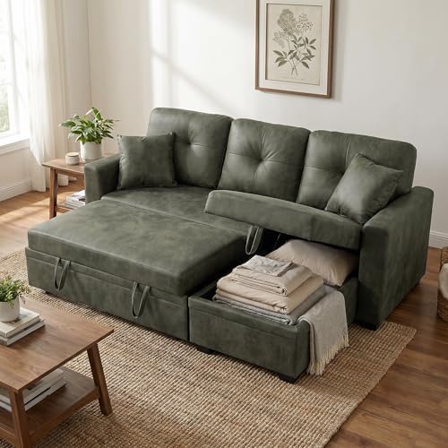 TYBOATLE Convertible Sofa Bed Couch with Reversible Storage Chaise, 71" L Shaped Pull Out Couch Bed, Comfy Linen Fabric Sleeper Sofa for Living Room, Apartment & Guest Room (Green)