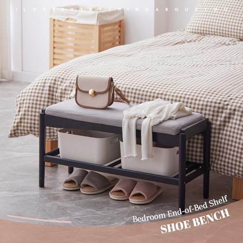 STDDRE Shoe Bench Entryway Bamboo 2-Tier Shoe Rack with Cushion Padded Seat Shoe Bench Organizer Stable for Hallway, Living Room, Bedroom(31.5 * 11.4 * 16.5IN, Black-Gray)