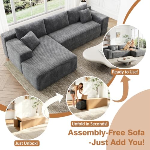 96" L-Cloud Sectional Boneless Couches for Living Room, Corduroy Fabric Modular Sectional Sofa with Chaise, Cloud-Couch Deep Seat Sofa, No Assembly Required, Gray