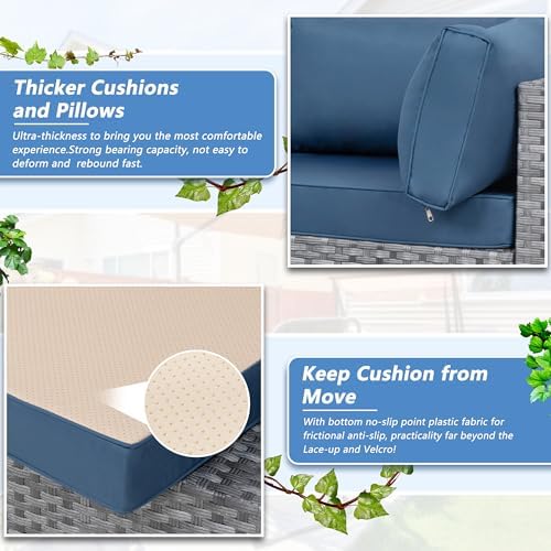 5 Piece Outdoor Patio Furniture Set with Silver PE Rattan, Navy Blue