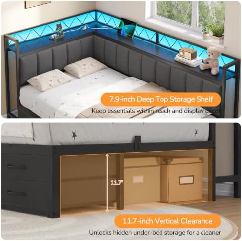 Twin Corner Bed Frame with Storage Shelves, 6 Drawers and Charging Station