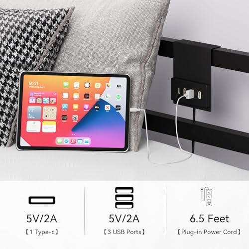 YITAHOME Canopy Bed Frame, Four Poster Platform Bed with USB Charging Station, Metal Bed Frame with Slats Support, 12.4 inch Underbed Storage, No Box Spring Needed, Black, Queen Size