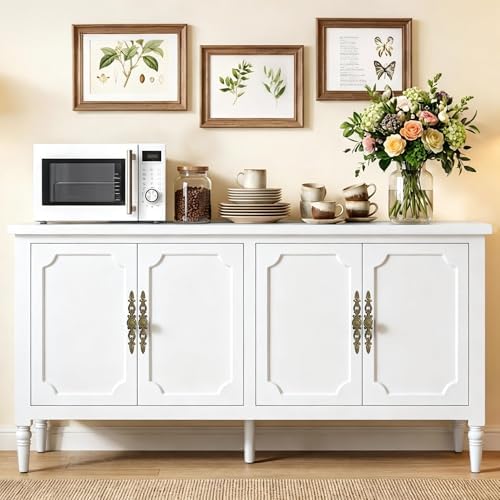 RoyalCraft Buffet Cabinet with Storage, 59" Vintage Sideboard with Adjustable Shelves, Mid Century Modern Painted Credenza Coffee Bar for Kitchen, Dining Room, Entryway, Living Room, Satin White