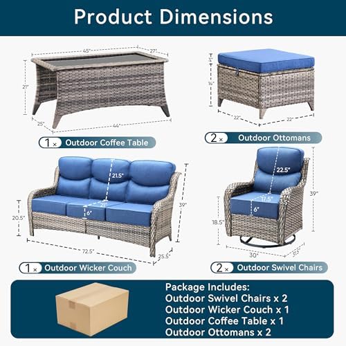 Luxury 6 Pieces Outdoor Patio Furniture Set-All Weather Wicker Outdoor Furniture with Swivel Rocker Patio Chairs 6-inch Extra Thick Cushions Wicker Conversation Set for Garden Porch(Grey/Blue)