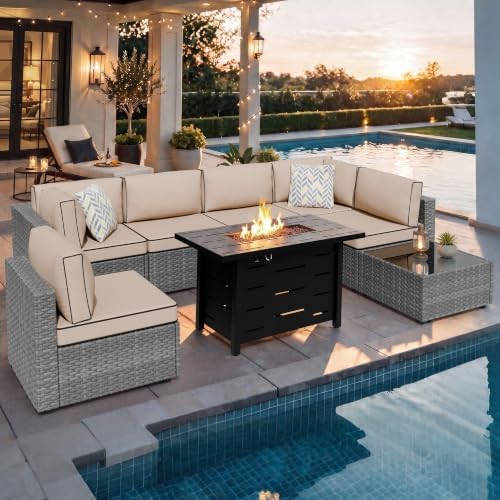 Shintenchi 8 Piece Outdoor Patio Furniture Set with 43 Inch Propane Fire Pit, Washable Cushions, Glass Coffee Table, Waterproof Cover & CSA Certified for Backyard Poolside, Silver PE Rattan/Khaki