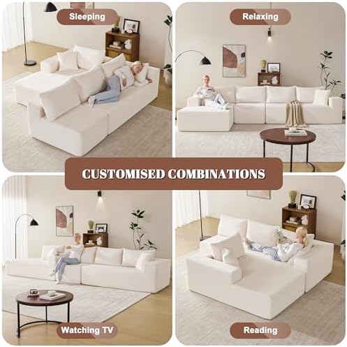 Mangodan 140” Cloud Sectional Couch, Modular Sectional Sofa with Deep Seat, Boneless Sofa for Living Room, Fluffy Comfy L-Shaped Couch with Left Facing Chaise, No Assembly Required, Beige