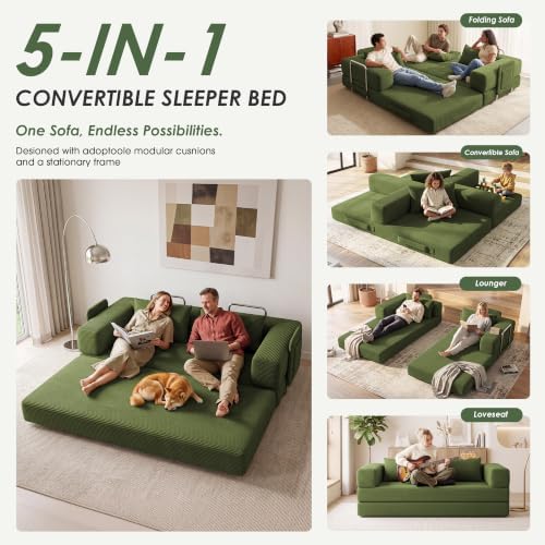 78" 5-in-1 Convertible Futon Sofa Bed, Boneless Couch for Living Room