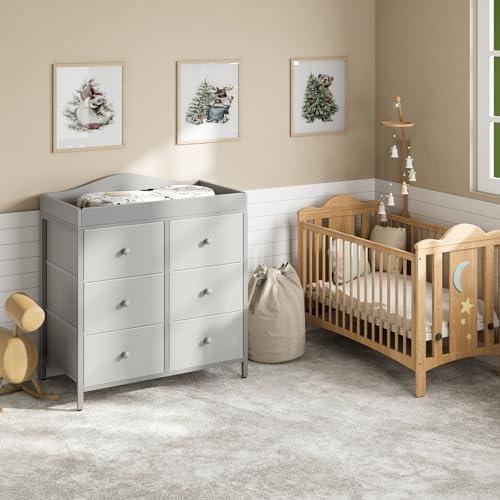BOLUO Changing Table Dresser with 6 Fabric Drawers, Baby Dresser with Changing Table Top Diaper Changing Station with Storage for Nursery Modern Grey