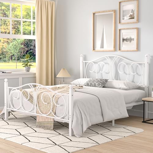 VECELO Queen Size Metal Platform Bed Frame with headboard and Footboard, Heavy Duty Mattress Foundation, Steel Slat Support, No Box Spring Needed, Easy Assembly, Pure White