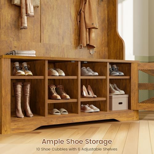 Itaar Hall Tree with Bench and Shoe Storage, 5-in-1 Entryway Bench with Coat Rack, 10 Shoe Cubbies & 9 Coat Hooks, Barn Door & Adjustable Shelf (Rustic Brown)