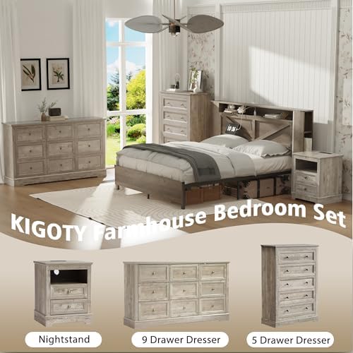 KIGOTY Farmhouse Bedroom Set, 4 Pcs Dresser and Nightstand Sets, 9/5 Drawer Dresser & 2 Drawer Nightstand Set with Charging Station,Rustic Wood Bedroom Furniture Set for Home