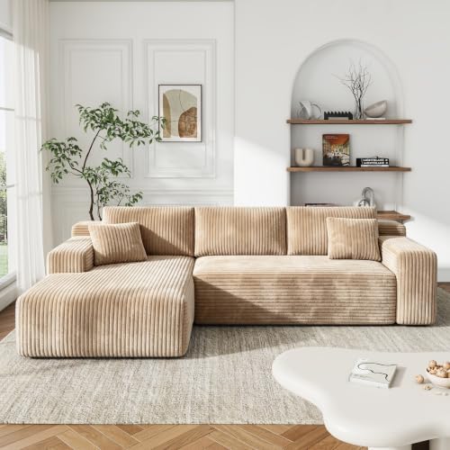 96" L-Cloud Sectional Boneless Couches for Living Room, Corduroy Fabric Modular Sectional Sofa with Chaise, Cloud-Couch Deep Seat Sofa, No Assembly Required, Camol