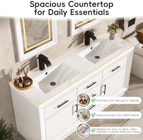 St.Mandyu 60" Bathroom Vanity w/Sink & LED Mirror & Faucet,Modern Bathroom Vanities Set w/ 3-Color Lighting, Curved Splash-Reducing Basin, Bath Vanity w/Large Storage Cabinet&Drawers,White